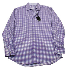 Bugatchi Shirt Mens 17.5 34/35 Purple Gingham Check Cotton Dress Long Sleeve
