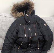 DKNY Girls Black Puffer Coat Faux Fur Hood Zip Mid-Length Jacket Size 7/8