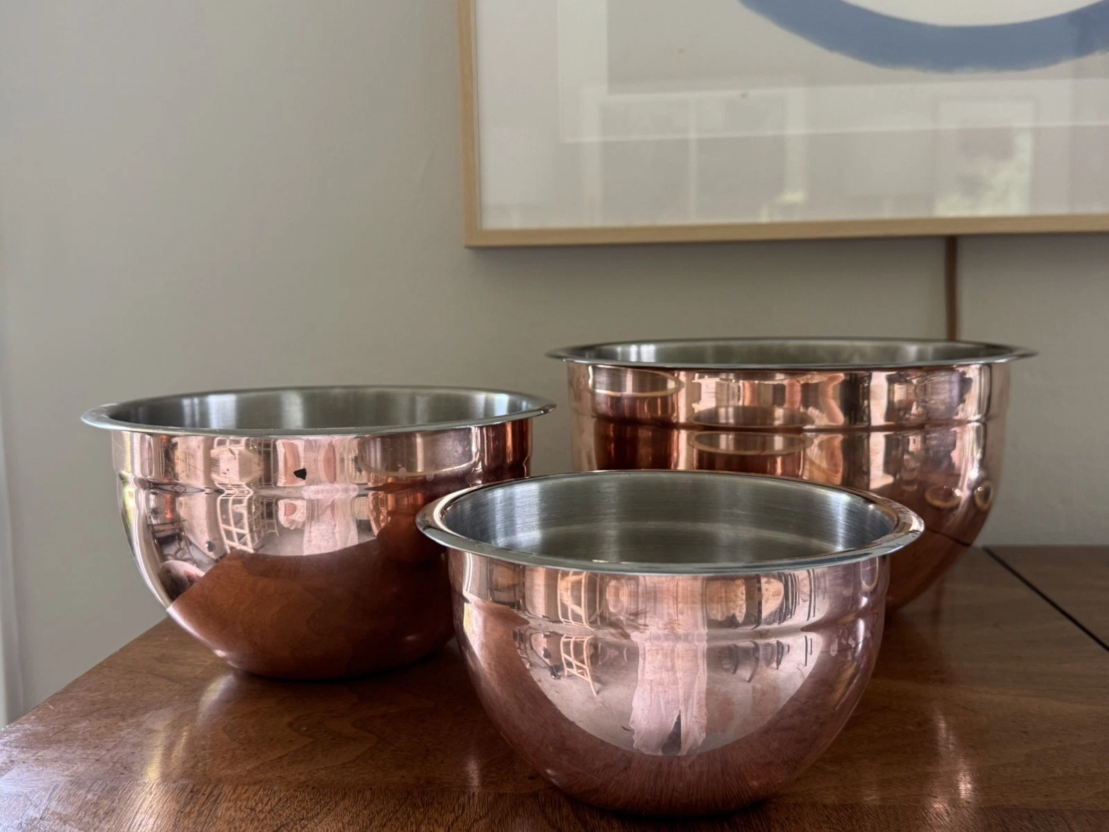 Set of 3 EUC Tramontina Copper and Stainless Mixing Bowl Set, 5qt, 3qt and 1.5qt