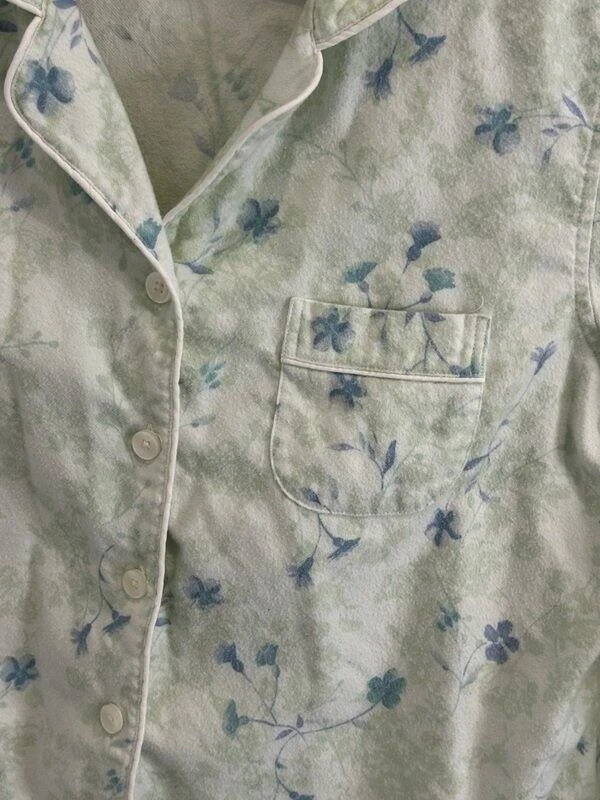 LL Bean Algodón Franela Pijama Botón Top Pantalones Verde Azul Floral Pequeño XL Foto 3 de 4