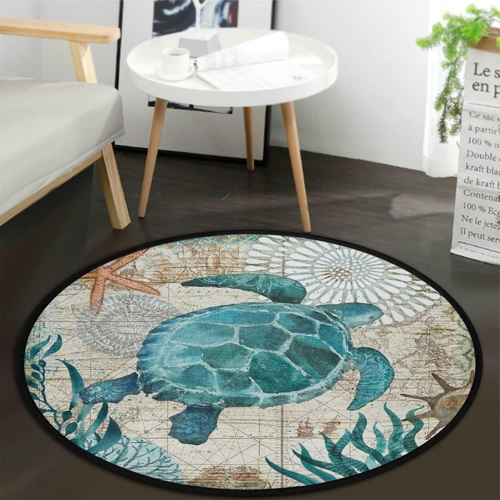 Sea Turtle Starfish Pattern Non-Slip Round Doormat Floor Rug