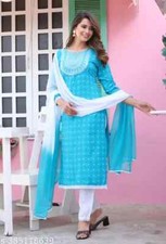 RAYON 3 PC SET FOR WOMAN FASHION WHITE EMROIDERY NECK SUIT PC PRINTED HAND BLOCK