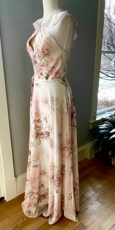 Vestido Marchesa Notte aquarela floral chiffon sem mangas babado e buraco na fechadura - Imagem 2 de 4