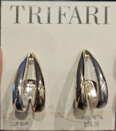 VINTAGE NEW! TRIFARI Clip-On Earrings Double Hoop Silver Tone Jewelry 1"L
