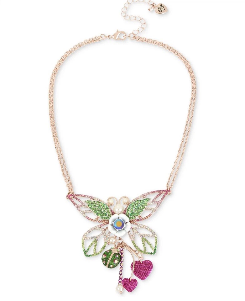 $75  Betsey Johnson Fruity Petals Crystal Accent Butterfly Necklace #549 - Image 3 of 4
