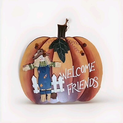 Welcome Friends SPLATTERED Pumpkin Fall SCARECROW FENCE LEAF Thanksgiving 