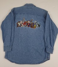 Vintage 90s Looney Tunes Denim Blue Jean Embroidered Shirt Vtg Cartoon USA 1995