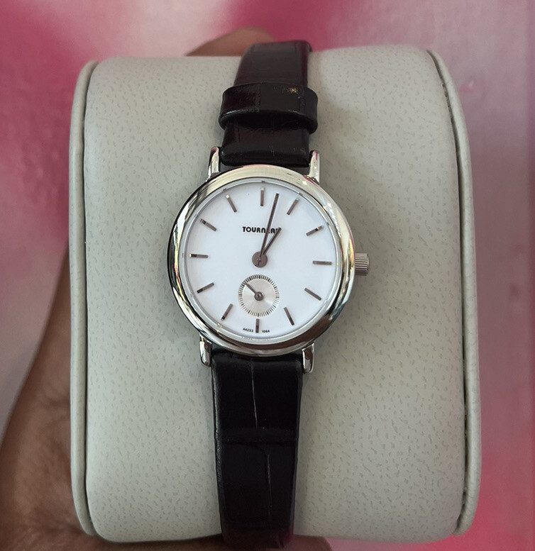 Ladies Tourneau Silver Tone White Dial Black Leather Strap 