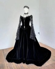 Gothic Lace Wedding Dresses Black Off Shoulder Long Sleeves Satin Bridal Gowns