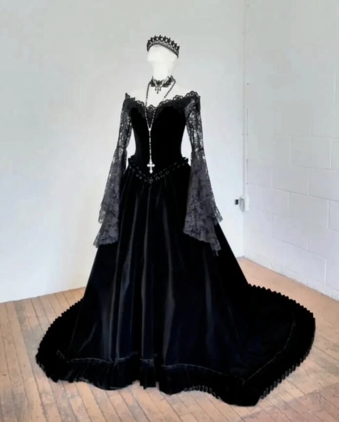 Gothic Lace Wedding Dresses Black Off Shoulder Long Sleeves Satin Bridal Gowns - Image 3 of 4