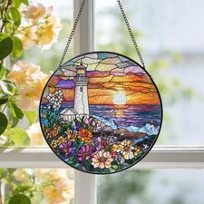Lighthouse Stained Glass Suncatcher, Flowers Ocean Sun Catcher, Sunset Wall