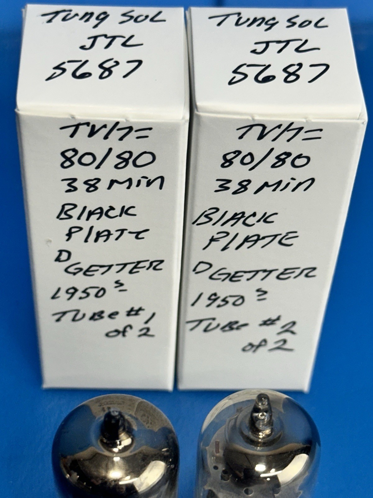 MATCHED PAIR 1950s BLACK PLATE D GETTER TUNG SOL  JTL 5687 TUBES OVER 100%