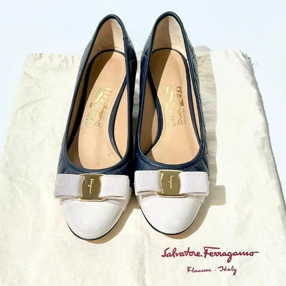 Ferragamo — Ferragamo Quilted Vara Pump Navy And Cream Size 7.5 MSRP $995