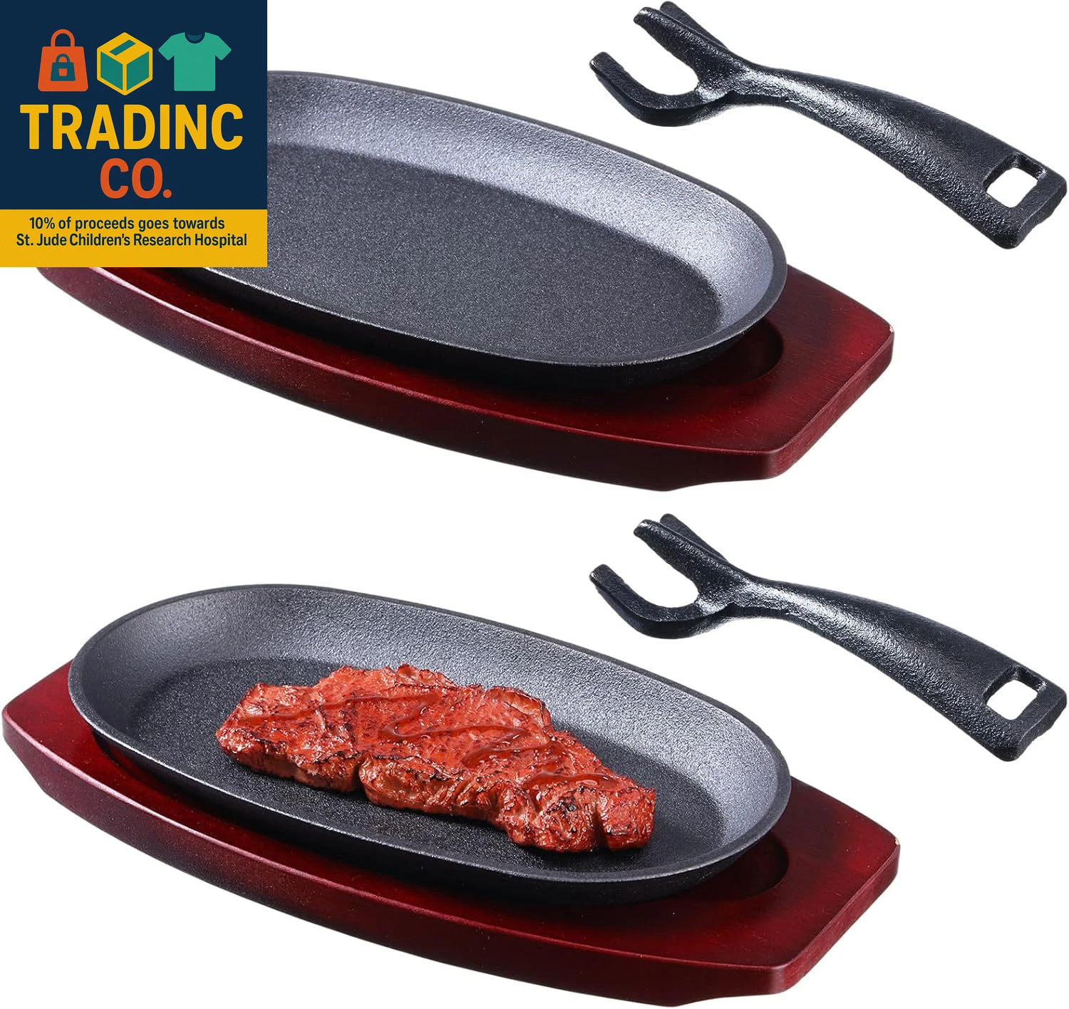 2 Pieces Oval Cast Iron Fajita Skillet Pan Set Small Sizzling Steak Plate with W