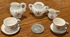 Miniature Porcelain Tea Set Pink Rose Gold Trim Dollhouse Lot 7 Pc