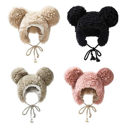 Cute Solid Color Bear Ear Caps lei Feng hat Soft Warm Hat Lamb Wool Plush Hat