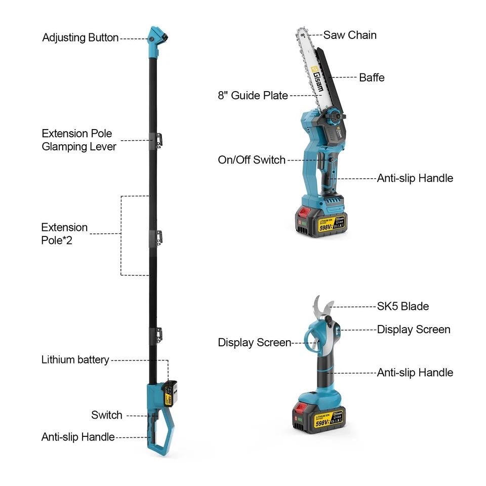 KIT POTATURA MOTOSEGA 8" E FORBICE CESOIA CON 2 BATTERIE ASTA TELESCOPICA 2,40MT - Immagine 4 di 4