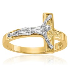 14K Solid Two Tone Gold Jesus Crucifix Cross Ring