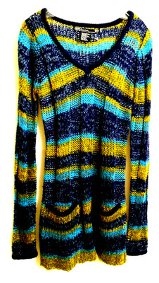 Ashly Tunic Sweater M Striped V Neck Turquoise Navy Gold Long Sleeve Pockets New