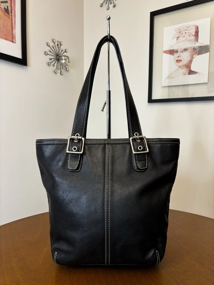 Bolso de Mano Hampton Bucket Vintage Coach Cuero Negro Doble Asa Cierre Superior con Cremallera G2U Foto 3 de 4