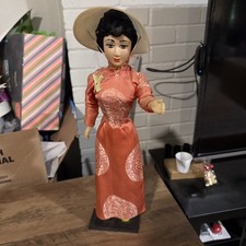 Vintage Articulated Vietnamese Doll With Handmade Dress  Rice Hat On Stand
