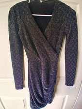 Windsor Women's S Black Silver Glitter Geometric V-Neck Long Sleeve Mini Dress