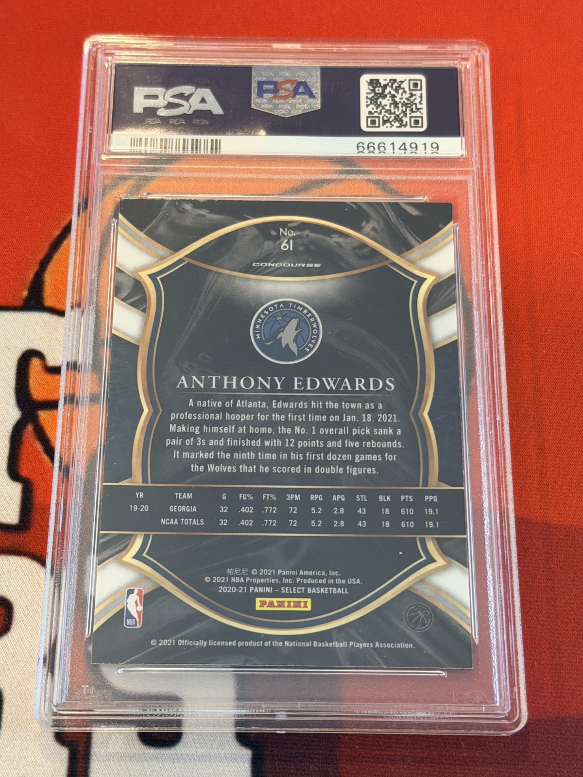2020 Panini Select Anthony Edwards #61 PSA GEM MT 10 ROOKIE CARD view 2