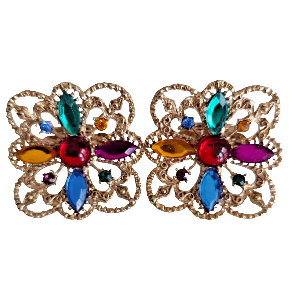 Clips para zapatos firmados MUSI coloridos cabujones diseño filigrana tono dorado vintage años 60 Foto 2 de 4