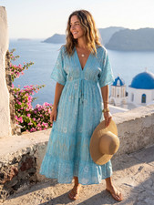 Women Boho Floral Print Tassel V-Neck Dress Short Sleeve With Drawstring Mix Lot