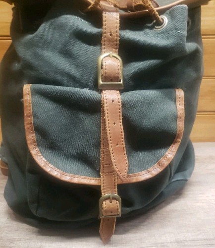 Vintage LL Bean seltener grüner Rucksack Rindslederriemen und Baumwolle # OH950 - Bild 7 von 19