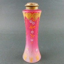Antique PINK art glass talcum POWDER Shaker Bottle GOLD HEARTS - dated: 1901