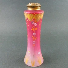 Antique PINK art glass talcum POWDER Shaker Bottle GOLD HEARTS - dated: 1901