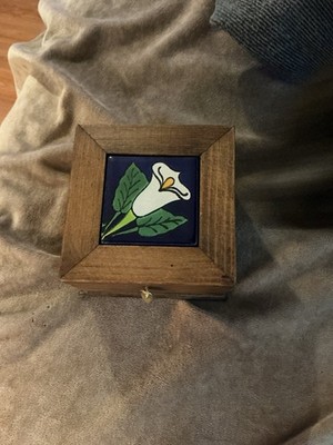 Small Handmade Wooden Trinket Box with Painted Tile El Viejo Arte Mexican