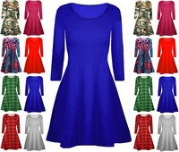Womens Ladies Plain Jersey Swing Dress Casual Long Sleeve Midi Dresses Skater