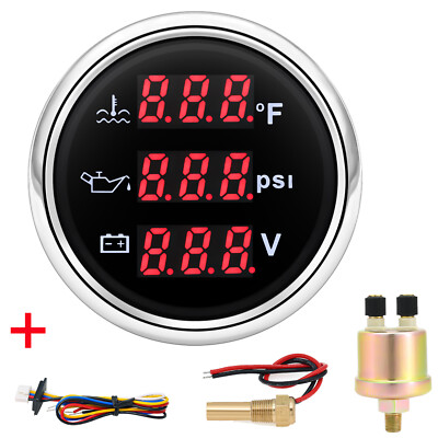 #ad 52MM 3 IN 1 Gauge Oil Pressure PSI Water Temp ℉ Voltmeter with Sensor Car Boat $39.03
