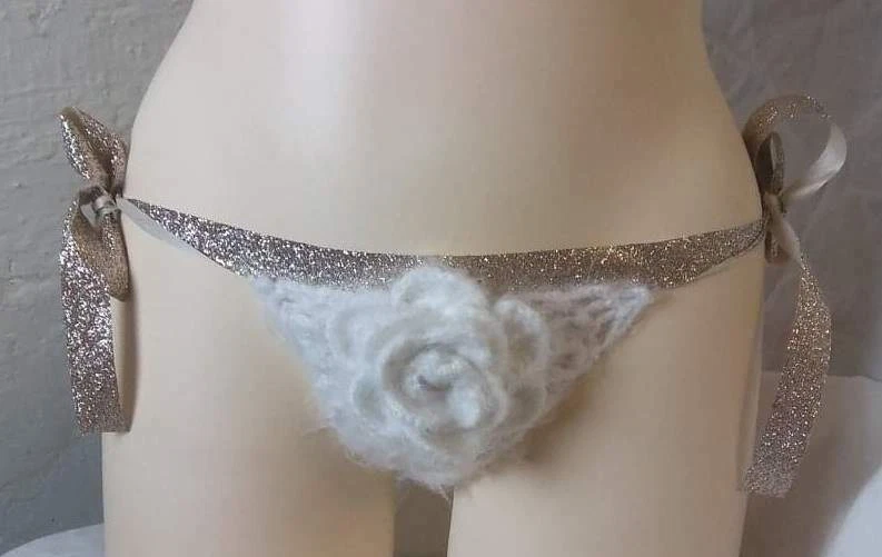 Bragas florales blancas y doradas de alta costura de encaje nupcial hechas a pedido XS-XXXL Foto 4 de 4