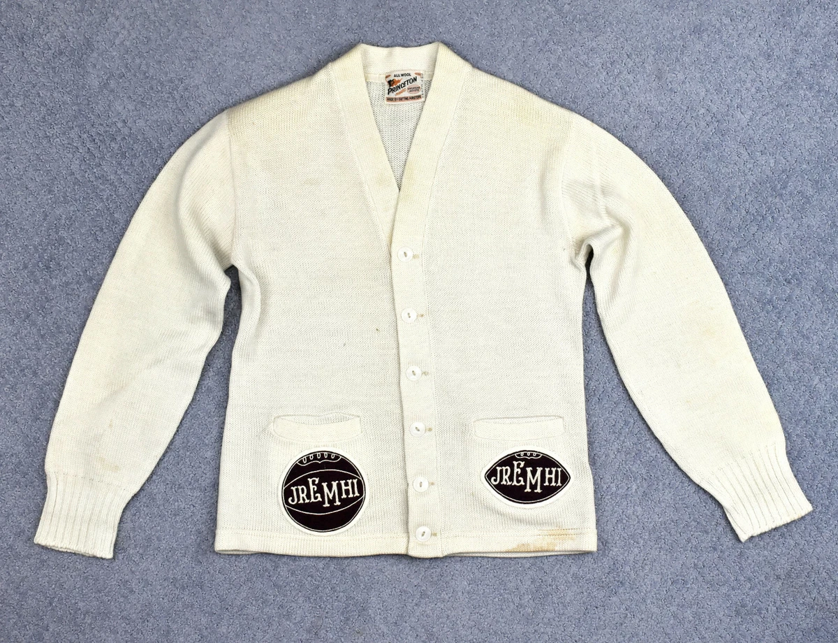 VTG Princeton Award Boys All Wool Cardigan Sweater Jacket w/ Felt Sport Patches