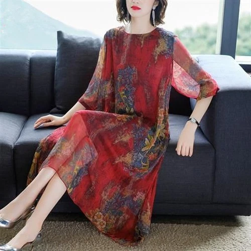 Women Chiffon Print Midi Dress Half Sleeves Casual Loose A-line Retro Ethnic - Picture 10 of 22