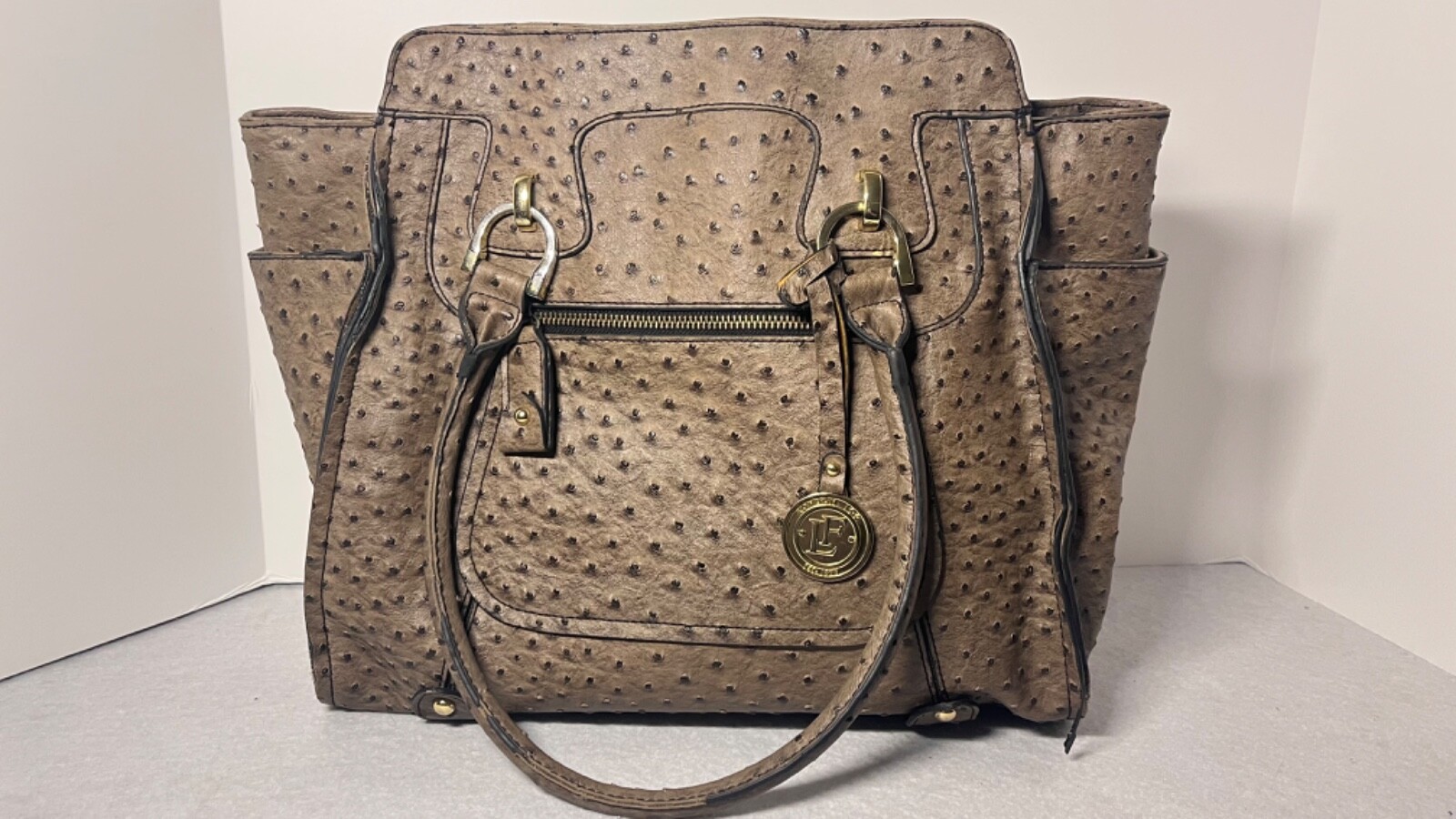 London Fog Taupe Faux Ostrich Leather Tote Bag