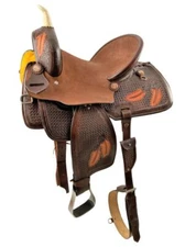 15" Hard Seat Barrel style western horse saddle with Basket and feather tooling