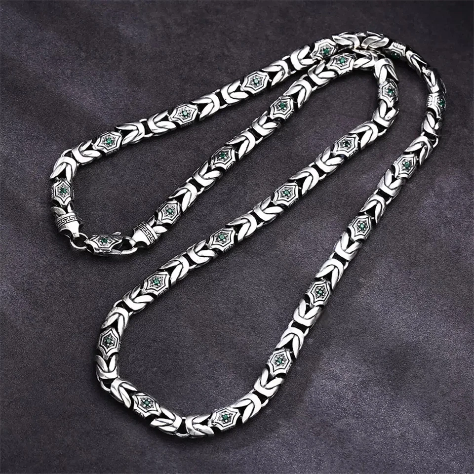 Colar bizantino masculino corrente prata esterlina 925 sólido zircão verde 80 g/25 polegadas - Imagem 4 de 4