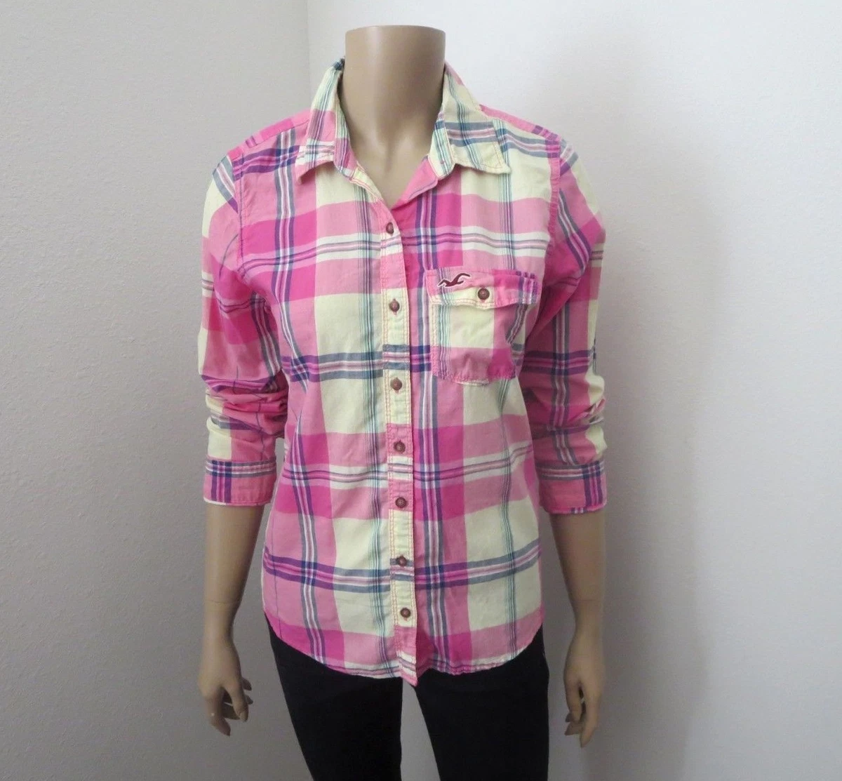 Hollister Mujer Camisa de Cuadros Talla Mediana Rosa y Blanco