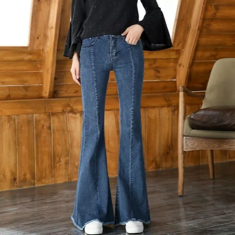 Lady Denim Flare Pants Trousers Jeans Bell Bottoms High Waist Fitted Casual  Long