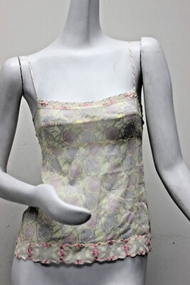 New Chanel Top Camisole Yellow Silk Lace Embroidered Pink CAMELLIA