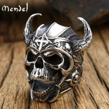 MENDEL Mens Stainless Steel Gothic Norse Viking Warrior Skull Ring Men Size 7-15