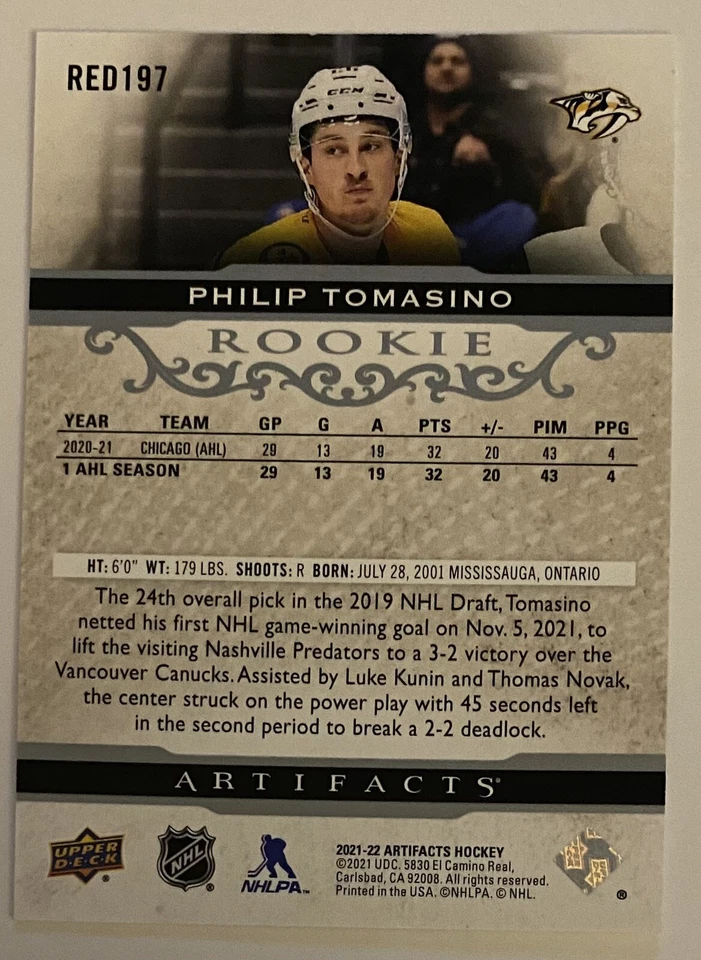 2021-22 Upper Deck Artifacts Extended Rookies /999 Philip Tomasino RC #RED197 - Image 2 of 2
