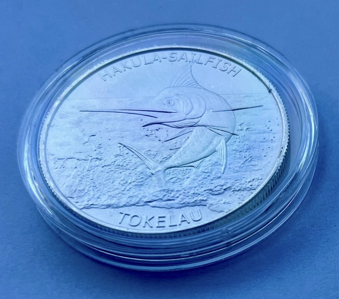🪙 Tokelau 2016 – Plata 1 oz .999 – Hakula Sailfish (Pez Vela) S/C - En Cápsula