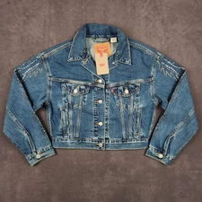 Levis Shrunken 90s Trucker Jacket Embellished Womens XS Blue Relaxed Cropped