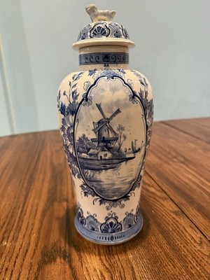  DELFT lidded Jar. Typical dutch scene windmill / ship.