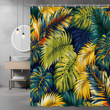 Tropical Palm Leaf Shower Curtain, Green Yellow Navy Botanical Print